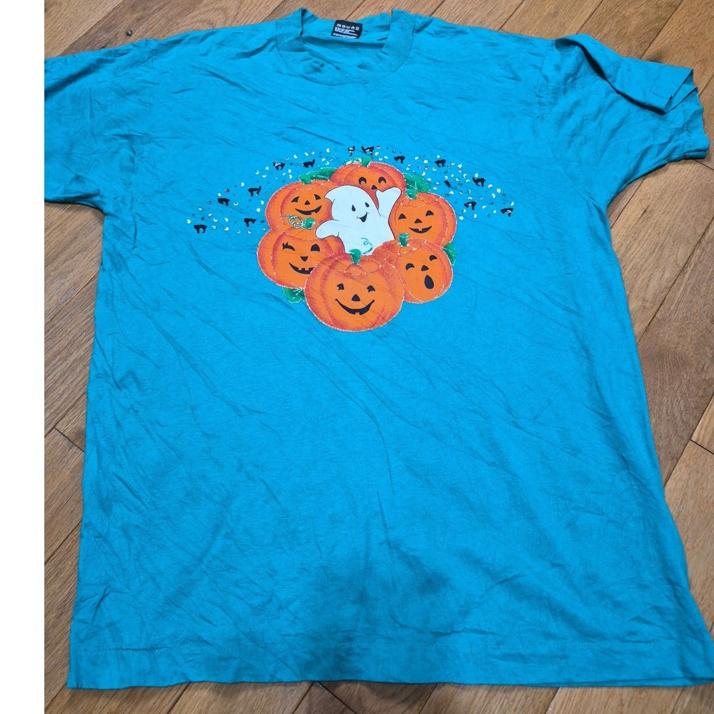Vintage 90s Fruit of the Loom Best Halloween Ghost Pumpkin T Shirt Teal Blue L